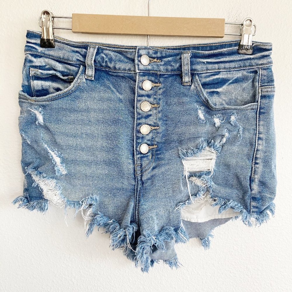 KanCan Signature Destroyed Cut Off Button Fly Shortie Jean Shorts